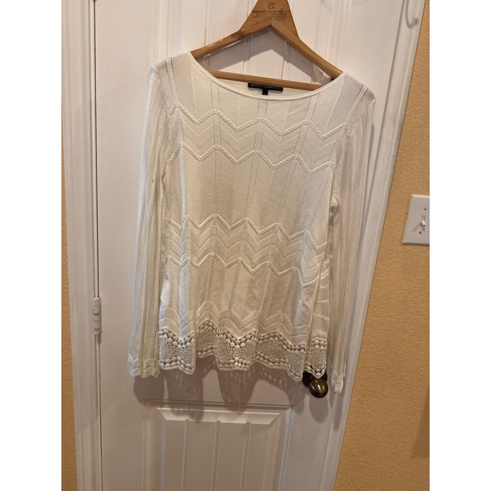 Women’s WHITE HOUSE BLACK MARKET Top MEDIUM ivory Long Sleeve W/Lace Trim - Picture 5 of 16